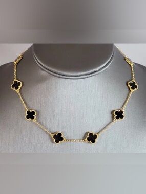 Alhambra Style 10 Motifs Black Onyx and Gold Clover Necklace